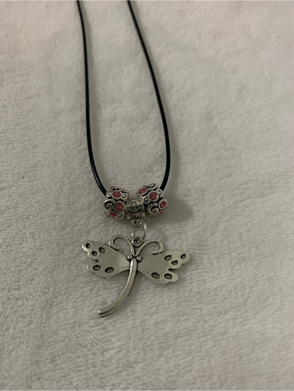 Silver Dragonfly Pendant Necklace with Pink Accent Beads